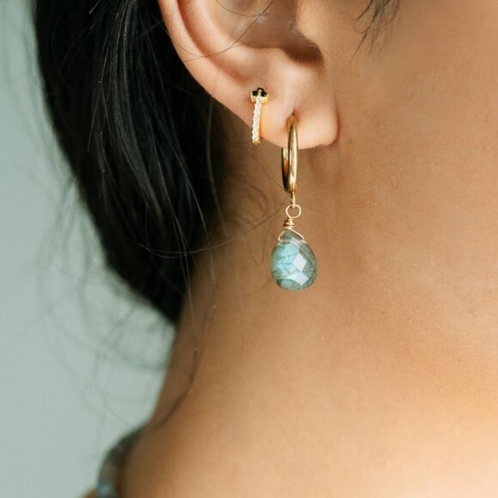Gold Labradorite Huggie Earrings Waterproof Gemstone Drop w/ Blue Flash GORGEOUS